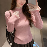 LEKA Gentle Chic Lace Half-High Collar Bottom Sweater 2026 Autumn Dress Women's New Knitted Top