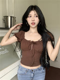 Vintage Sweet Hottie Collar Short-Sleeved T-Shirt For Girls Summer New Design Wood Ear Repair Short Top