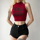 Summer Vintage Hot Babes Wind Print Semi-High Collar Vest Female Design Sense Of Small Slimming Short Top