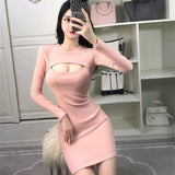Purely Sexy Hottie Hollow Long-Sleeved Dress Women Autumn And Winter New Tight Body Slim Folded Wearing Fashion Ass And Hip Skirts