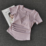 Design With Chest Pad Sports Short-Sleeved Yoga Top Women's Summer Fitness Running Training Slim Slim Small V-Neck T-Shirt