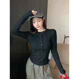 Pure Hot Girl Wine Red V Long Sleeves With A Bottom Shirt Girl Spring And Autumn Body Tight Shoulder T-Shirt Short Shirt