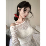 Hottie Style Sexy Lace Perspective Hollow Long-Sleeved T-Shirt Women's Autumn And Winter New Design Sense Of Short Dress