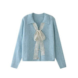 Kaning French V-Neck Bow Tie With Collar Knitted Shirt 2026 Autumn Dress Korean Wearing Lazy Wind Sweater