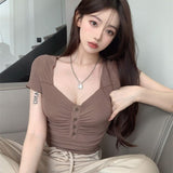 Sweet And Spicy Style Sexy Breast-Collar Short-Sleeved T-Shirt Women's Summer Design Folds Slimming Short Top