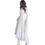 Pure Lusty Pure Color Slings Folding Dress Light Luxury High-End Women Summer Super Fairy Temperament Waist A Word Long Dress