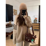 KANING Korean Striped V-Neck College Wind Loose Knits 2026 Autumn And Winter New Women's Sweater Coat