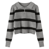 Shopping Mall Withdraws The Ribbon 2025 Spring And Autumn Korean Version Of Polo Striped Sweater Women Loose Retro Knitwear Tide