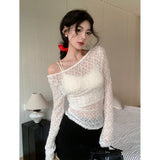 French Retro Hook Lace U-Neck Long-Sleeved Lace Lace Jersey Girl Summer New Hot Girl Sexy Perspective Thin Top