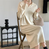 KANING College Wind Polo Collar Skirt Knitted Long Dress Women 2026 Autumn New Knitted Dress