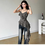 French Pure-Fanty Lotus Leaf Lace To Make Old Sling Vest Female Summer Korean Version Of Sexy Slimming Short Top