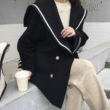 South Korea Autumn And Winter French Retro Age Reduction Navy Collar Double Buckle Loose Leisure Imitation Cashmere Wool Coat Woman